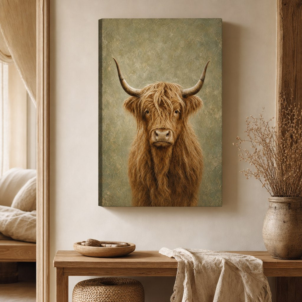 Highland Cow Rustic Canvas Wall Art room wall mockup