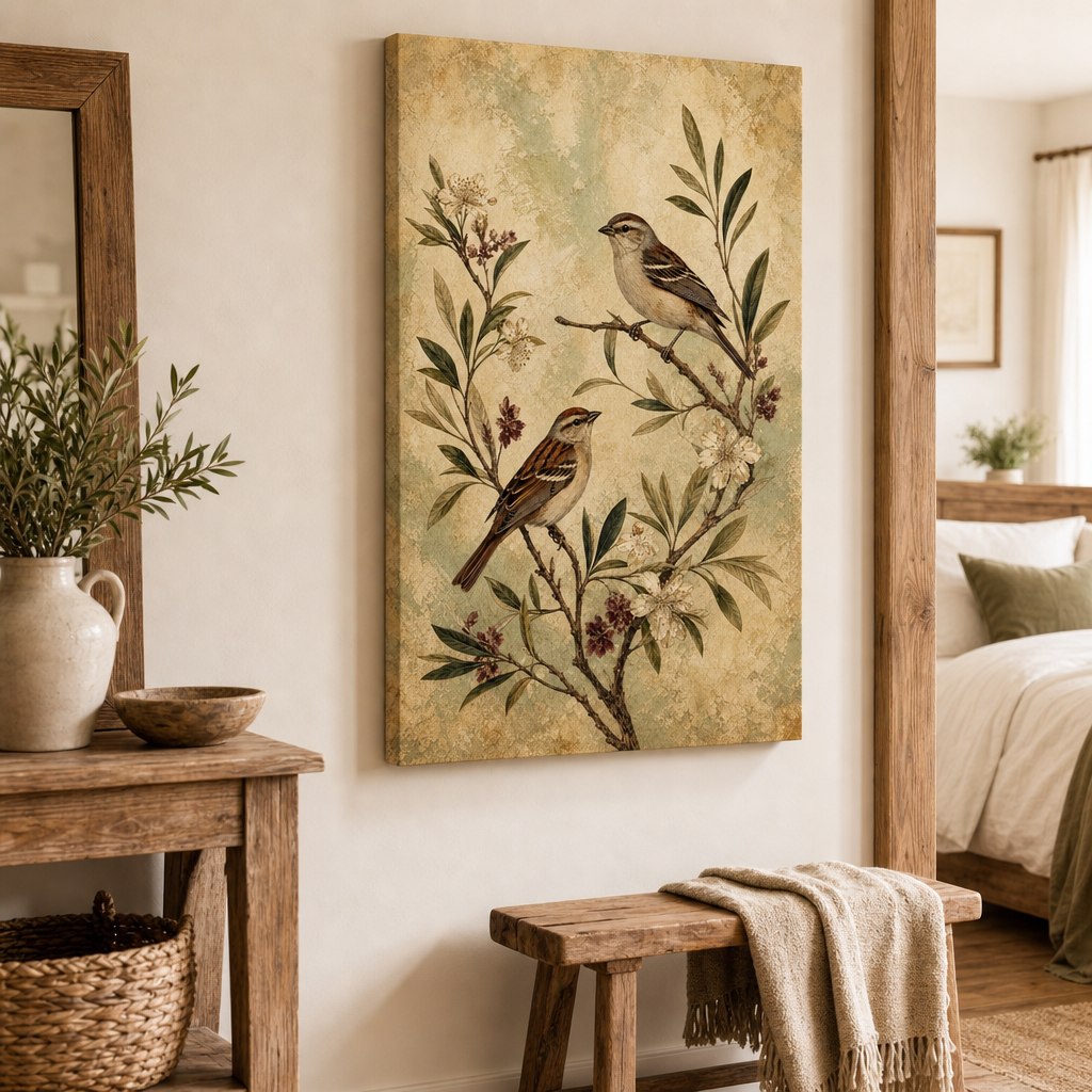 Vintage Bird Botanical Canvas Wall Art room wall mockup