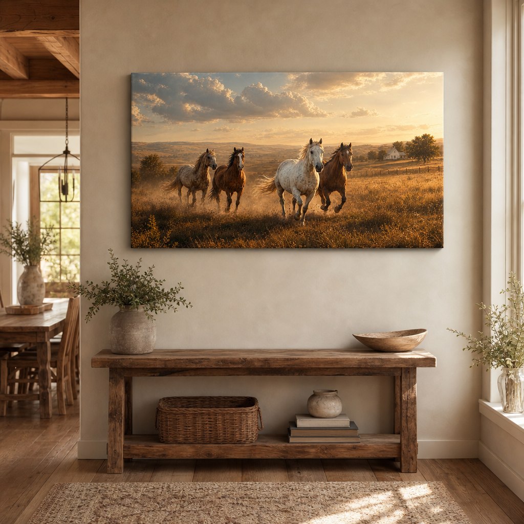 Running Horses Country Canvas Wall Art room wall mockup