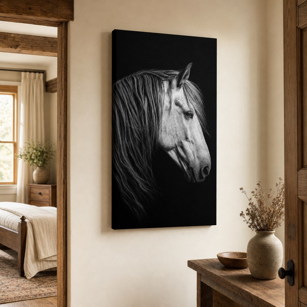 Black and White Horse Canvas Wall Art room wall mockup