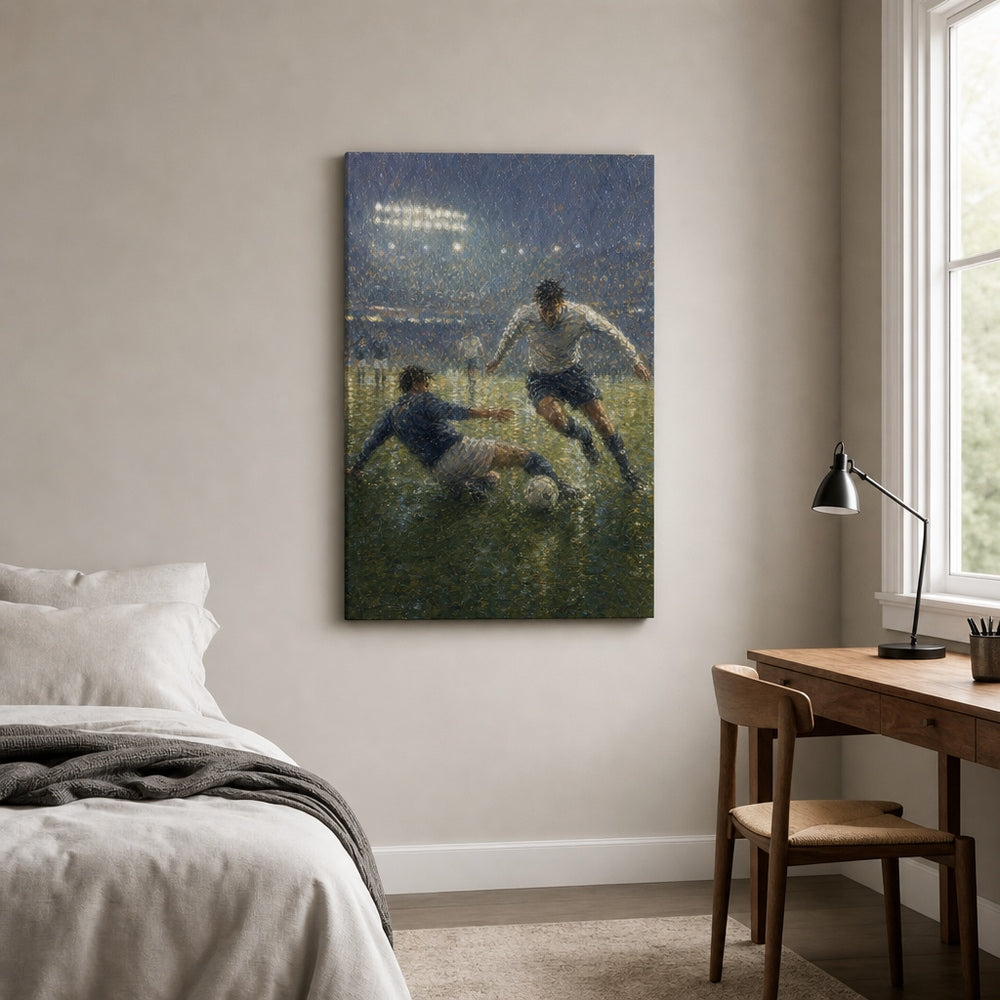 Impressionist Rain Tackle Soccer Canvas Wall Art wall scene mockup