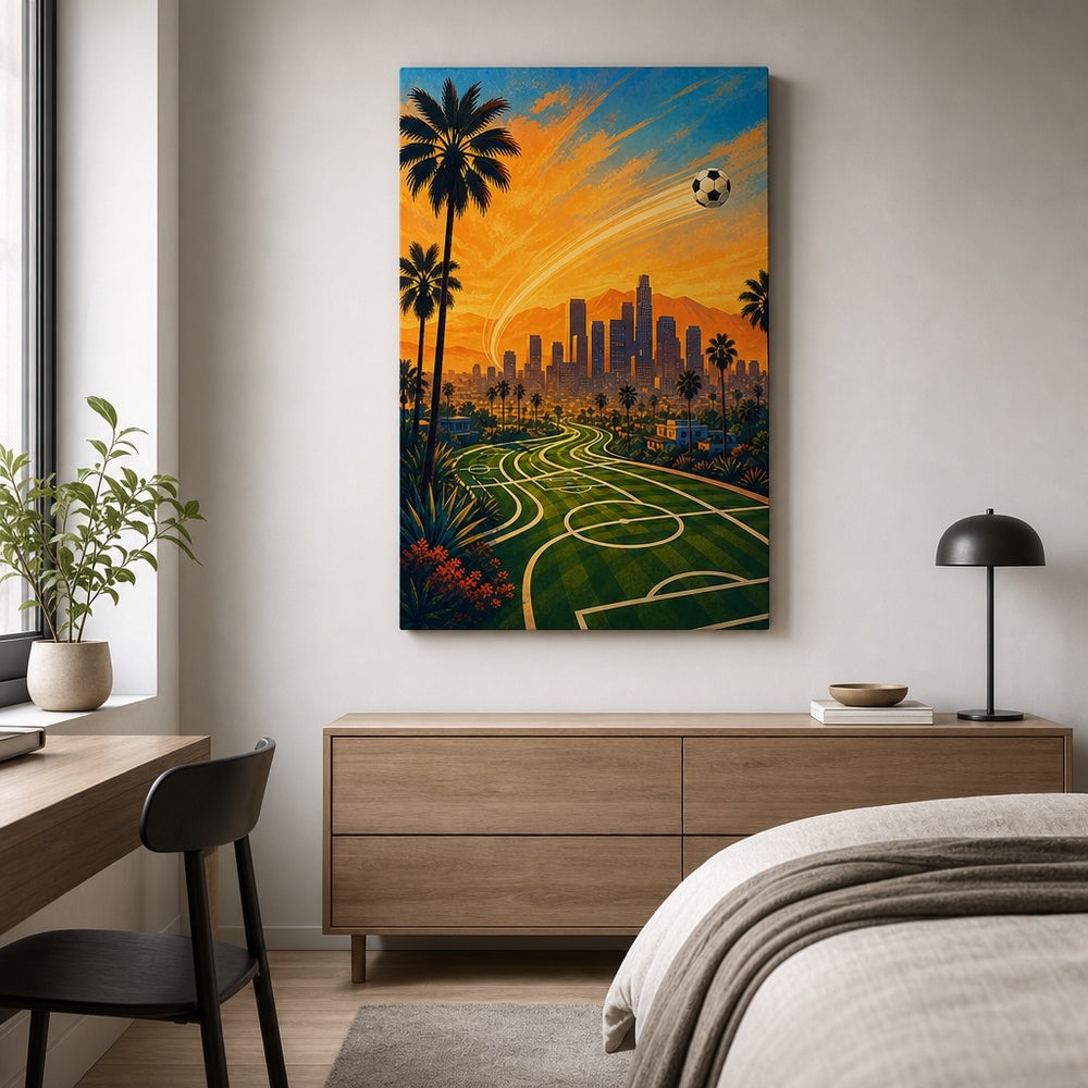 Los Angeles Palm Skyline Soccer Canvas Wall Art wall scene mockup