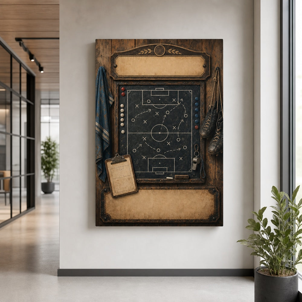 Custom Vintage Soccer Tactics Board Canvas Wall Art alternate room wall mockup generated with gpt-image-2