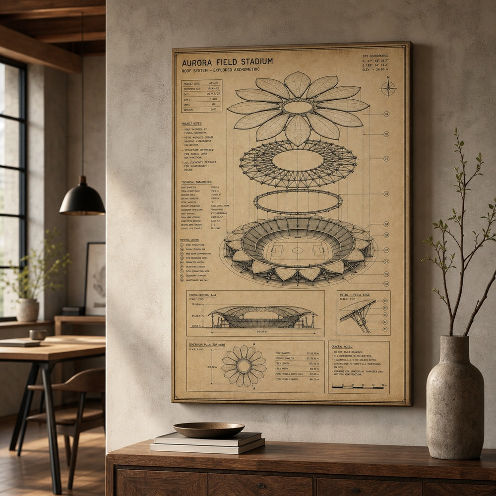 Kraft Paper Stadium Roof Blueprint Canvas Wall Art wall scene mockup