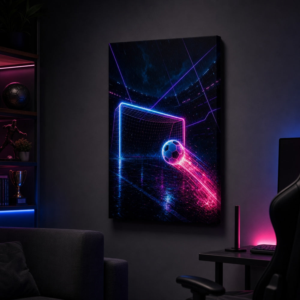 Neon Goal Trails Soccer Canvas Wall Art wall scene mockup