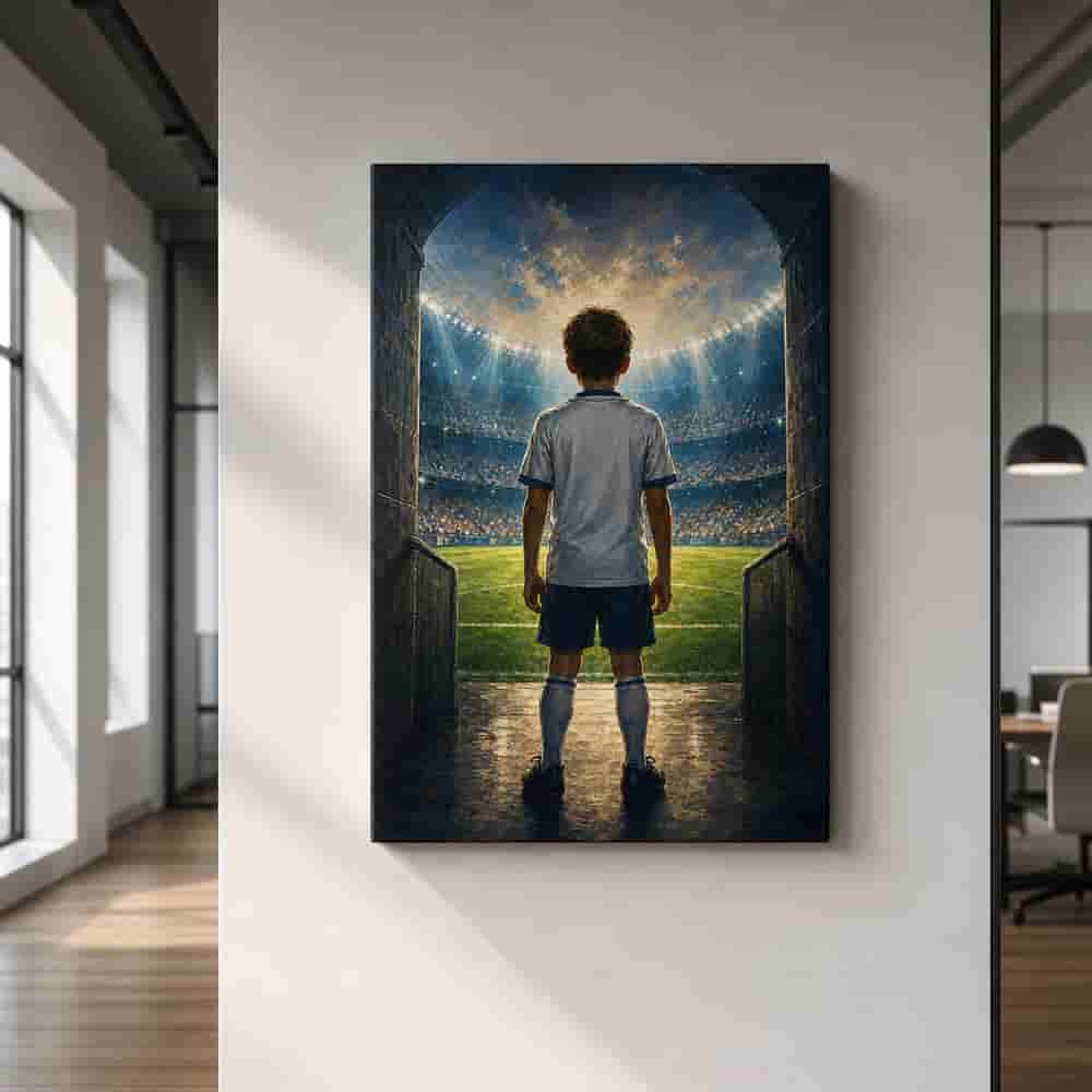 Custom Youth Soccer Dream Tunnel Canvas Wall Art alternate room wall mockup generated with gpt-image-2