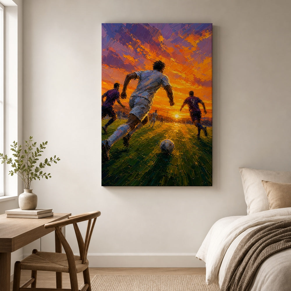 Impasto Sunset Soccer Run Canvas Wall Art wall scene mockup
