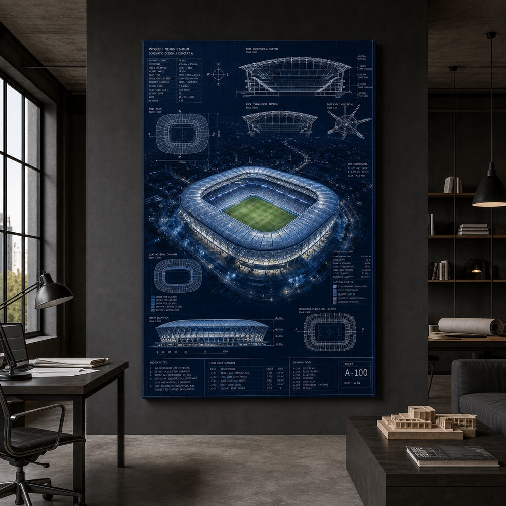 Night Stadium Blueprint Overlay Canvas Wall Art wall scene mockup
