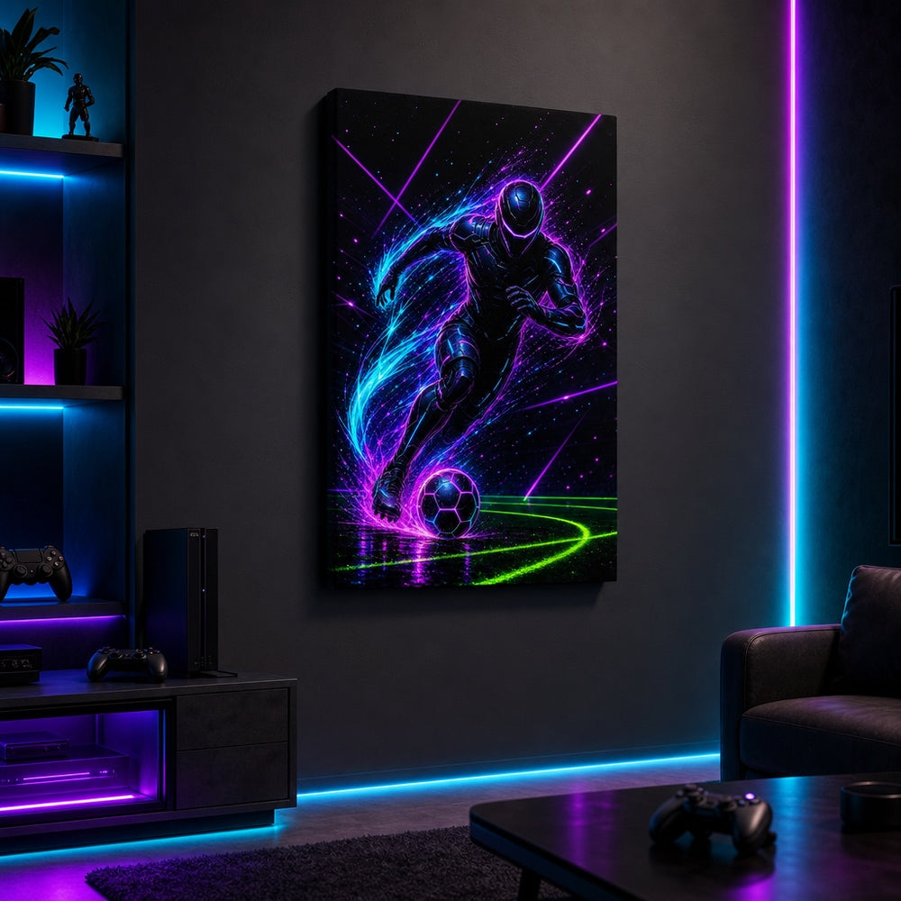 Neon Dribble Light Burst Soccer Canvas Wall Art wall scene mockup