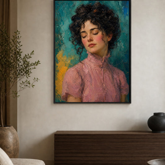 Serene Woman in Pink Dress Floater Frame Canvas Wall Art — room scene in a floater frame