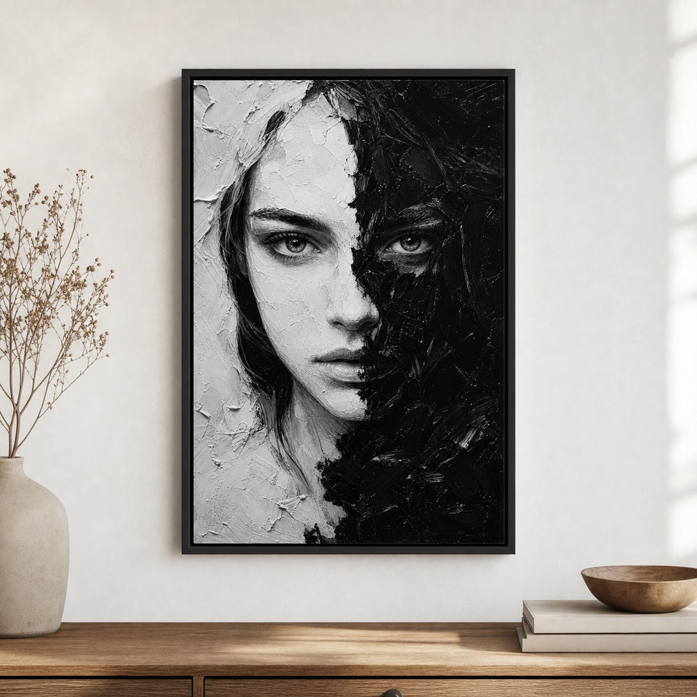 Black White Impasto Split Face Wall Art floating frame wall art - 02_wall_scene
