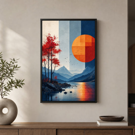 Geometric Sun Moon Mountains Lake Birds Floater Frame Canvas Wall Art — room scene in a floater frame