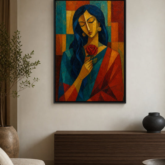 Cubist Woman Holding Red Rose Floater Frame Canvas Wall Art — styled room view, image 2
