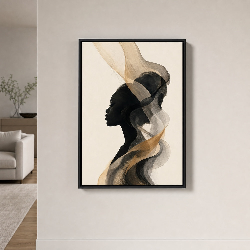 Black Female Profile Ribbon Abstract Wall Art floating frame wall art - 02_wall_scene