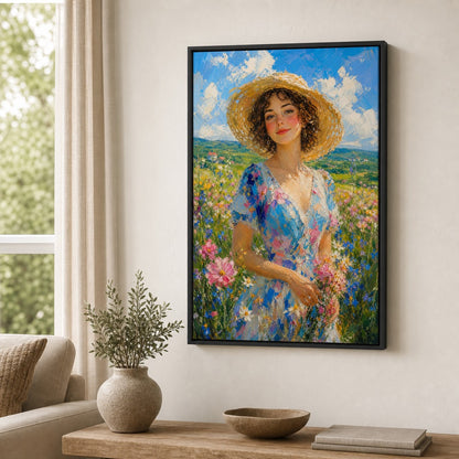 Impressionist Young Woman Wildflowers Hat Wall Art floating frame wall art - 02_wall_scene