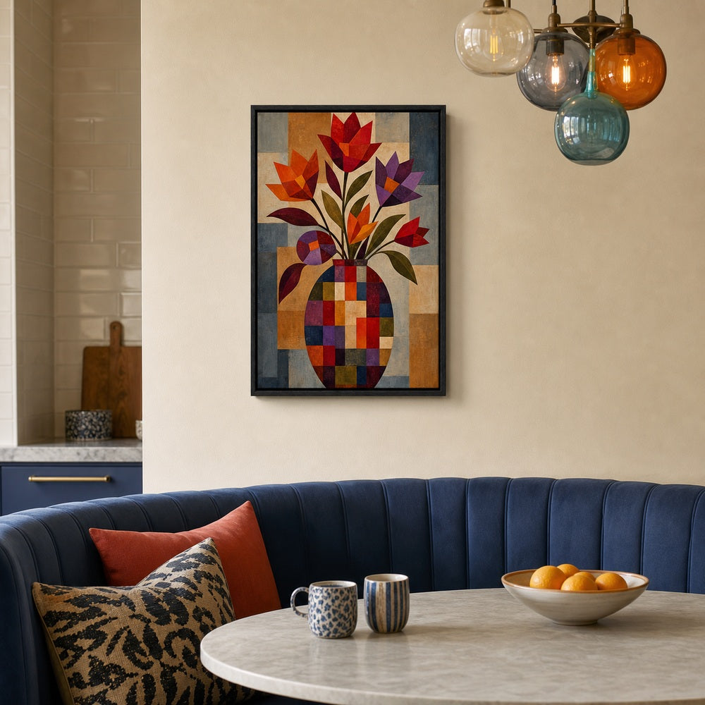 Geometric Mosaic Flower Vase Wall Art - 02_black_frame_wall_scene