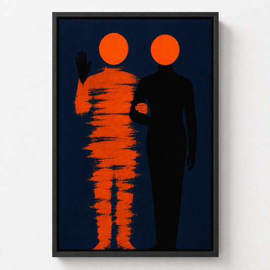 Orange Circle Minimalist Figures Floater Frame Canvas Wall Art — room scene in a floater frame