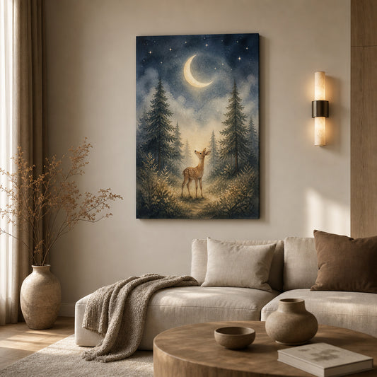 Moonlit Forest Deer Nursery Canvas Wall Art — room scene