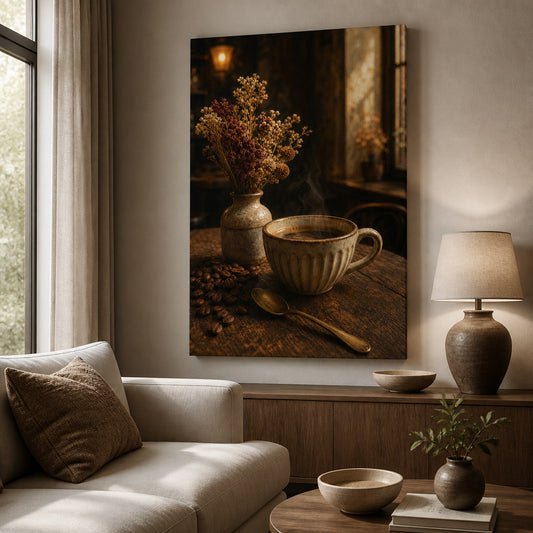 Vintage Coffee Bar Still Life Canvas Wall Art — room scene