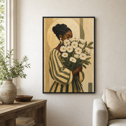 Black Woman Daisies Earthtone Poster Wall Art floating frame wall art - 02_wall_scene