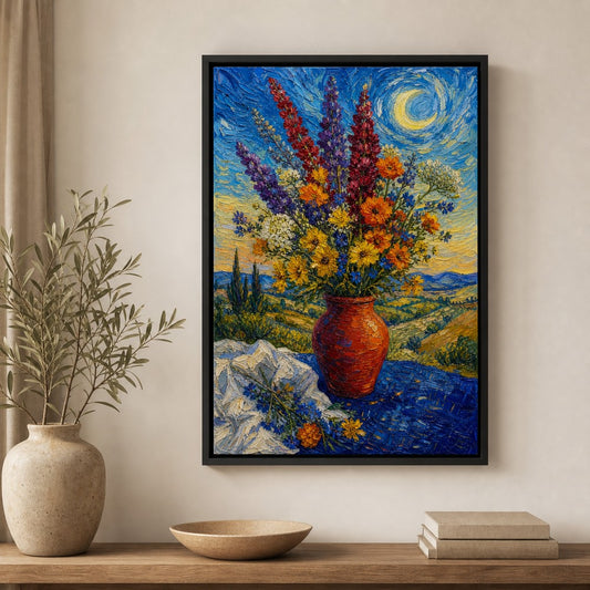 Post Impressionist Flower Vase Blue Tablecloth Floater Frame Canvas Wall Art — room scene in a floater frame