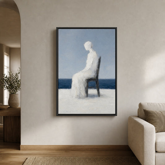 White Impasto Seated Figure Blue Horizon Floater Frame Canvas Wall Art — room scene in a floater frame