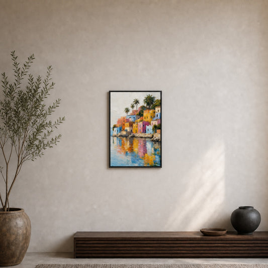 Colorful Mediterranean Coastal Village Floater Frame Canvas Wall Art — room scene in a floater frame