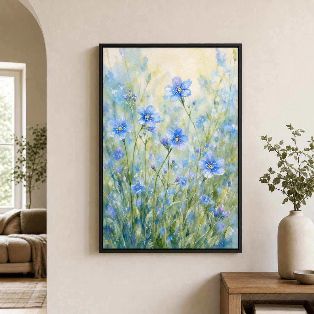Blue Wildflowers Dreamy Watercolor Floater Frame Canvas Wall Art — room scene in a floater frame