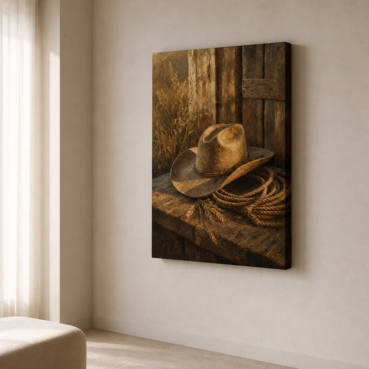 Rustic Cowboy Hat Still Life Canvas Wall Art — room scene