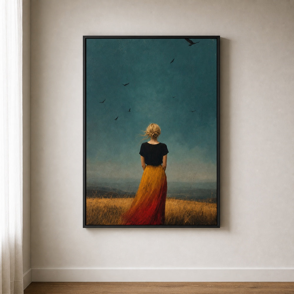 Blonde Woman Gold Grass Teal Sky Wall Art floating frame wall art - 02_wall_scene