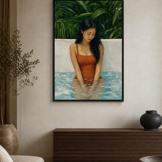 Contemplative Woman in Tropical Pool Floater Frame Canvas Wall Art — room scene in a floater frame