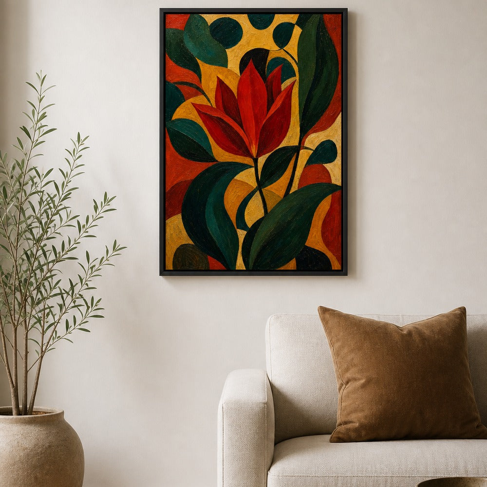 Red Tulip Mid Century Botanical Floater Frame Canvas Wall Art - floral wall decor by AUSJOJO