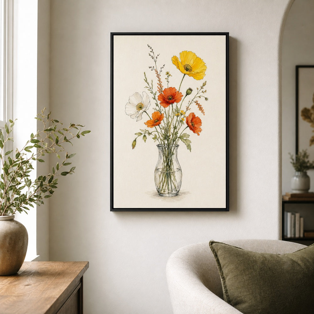 Wildflowers Glass Vase Minimal Watercolor Floater Frame Canvas Wall Art — room scene in a floater frame