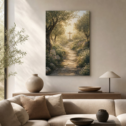 Soft Morning Cross Garden Canvas Wall Art — room scene