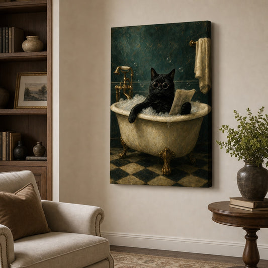 Funny Black Cat Bathtub Canvas Wall Art 01 wall mockup