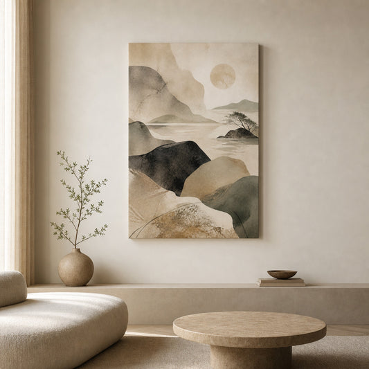 Japandi Abstract Stone Landscape Canvas Wall Art — room scene