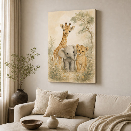 Gentle Safari Animals Nursery Canvas Wall Art — room scene