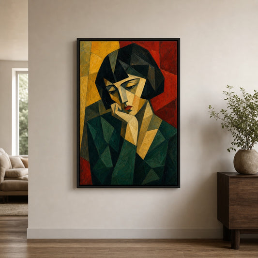 Cubist Woman Bob Green Red Yellow Floater Frame Canvas Wall Art - canvas wall art by AUSJOJO