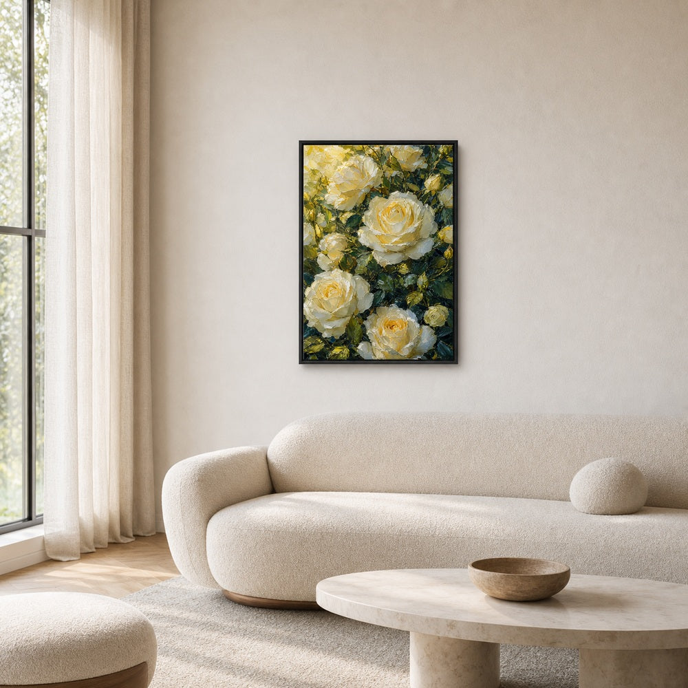 Cream White Roses Impasto Floral Wall Art - 02_black_frame_wall_scene
