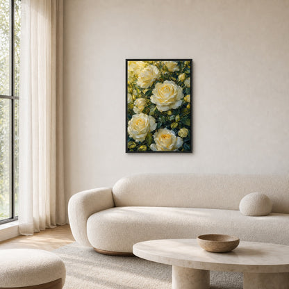 Cream White Roses Impasto Floral Wall Art - 02_black_frame_wall_scene