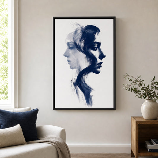Navy Double Profile Ink Minimal Floater Frame Canvas Wall Art — room scene in a floater frame