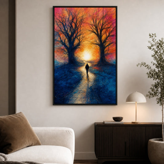 Scribble Path Through Trees Floater Frame Canvas Wall Art — styled room view, image 2