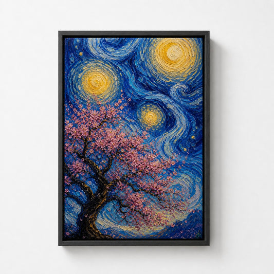 Pink Cherry Blossom Swirling Night Floater Frame Canvas Wall Art — room scene in a floater frame