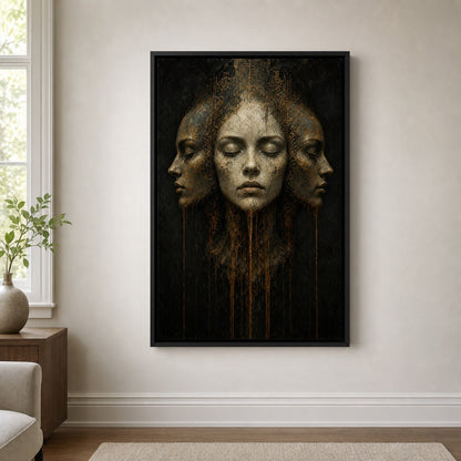 Three Faces Dark Surreal Oil Wall Art floating frame wall art - 02_wall_scene