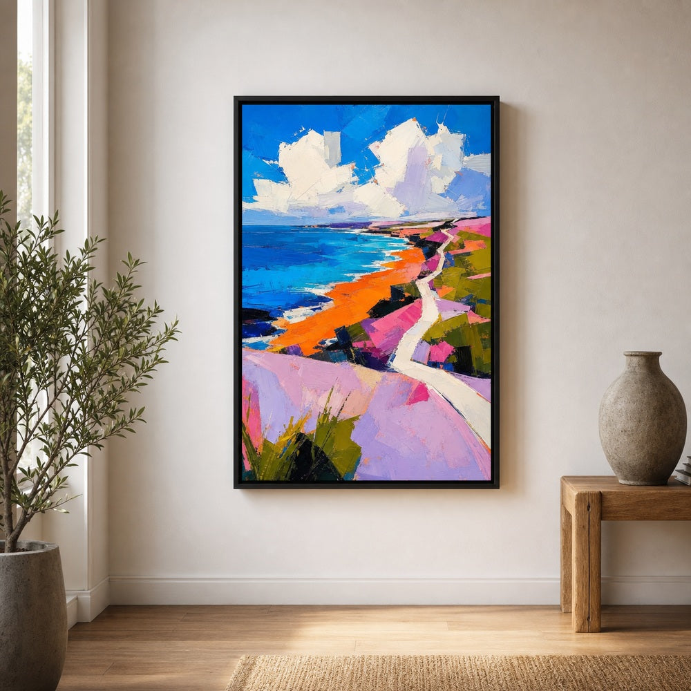 Abstract Coastal Impasto Landscape Floater Frame Canvas Wall Art — room scene in a floater frame