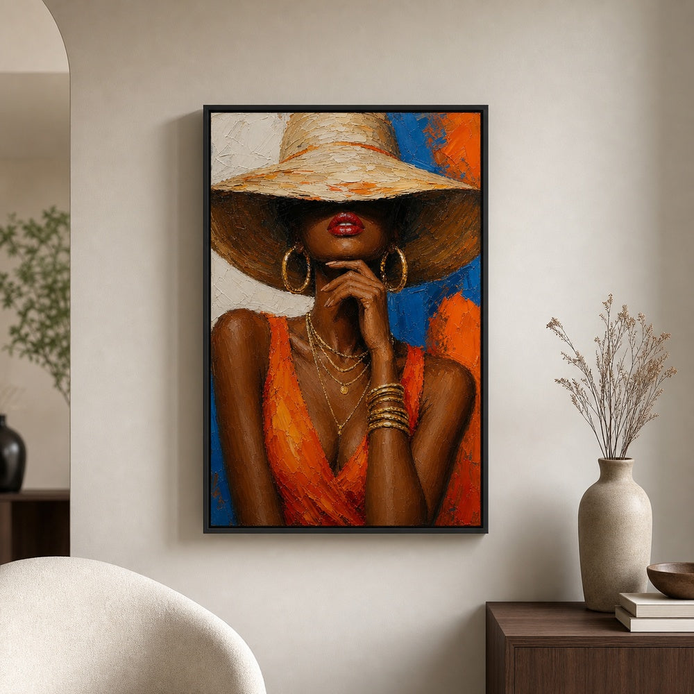 Black Woman Hat Orange Fashion Impasto Wall Art floating frame wall art - 02_wall_scene