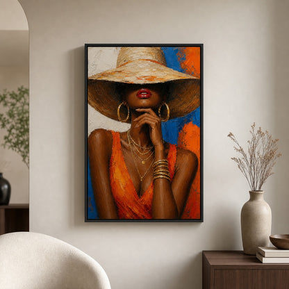 Black Woman Hat Orange Fashion Impasto Wall Art floating frame wall art - 02_wall_scene