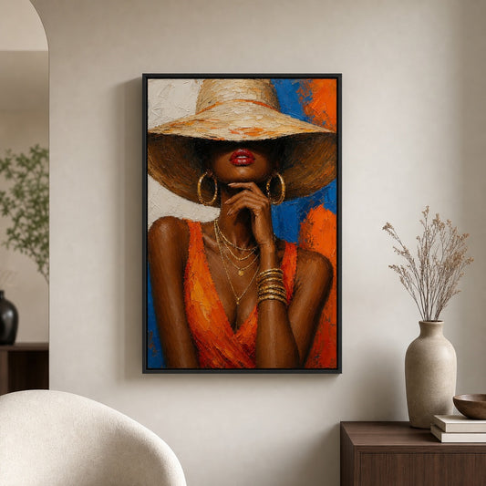 Black Woman Hat Orange Fashion Impasto Floater Frame Canvas Wall Art — room scene in a black floater frame