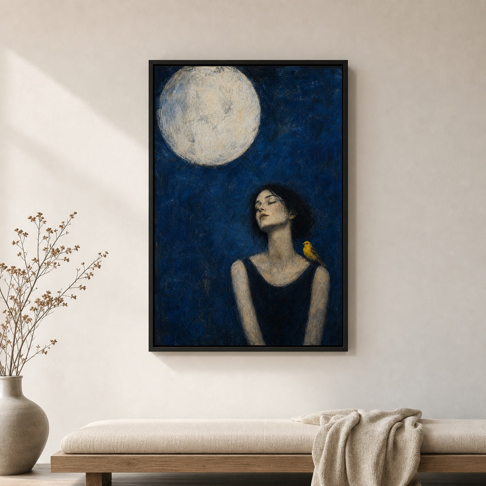 Moonlit Bird Woman Expressionist Floater Frame Canvas Wall Art - canvas wall art by AUSJOJO