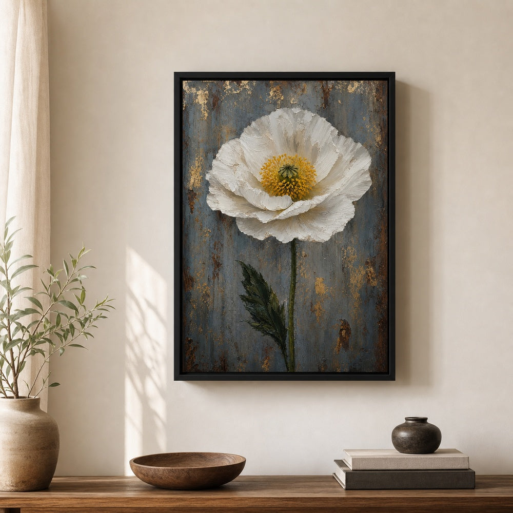 White Poppy Weathered Blue Floater Frame Canvas Wall Art — room scene in a floater frame